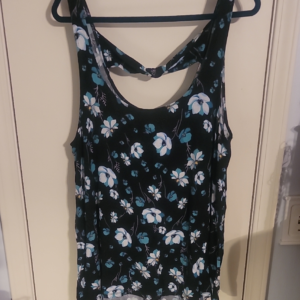 Torrid Black Tank Top with White and Blue Floral Design